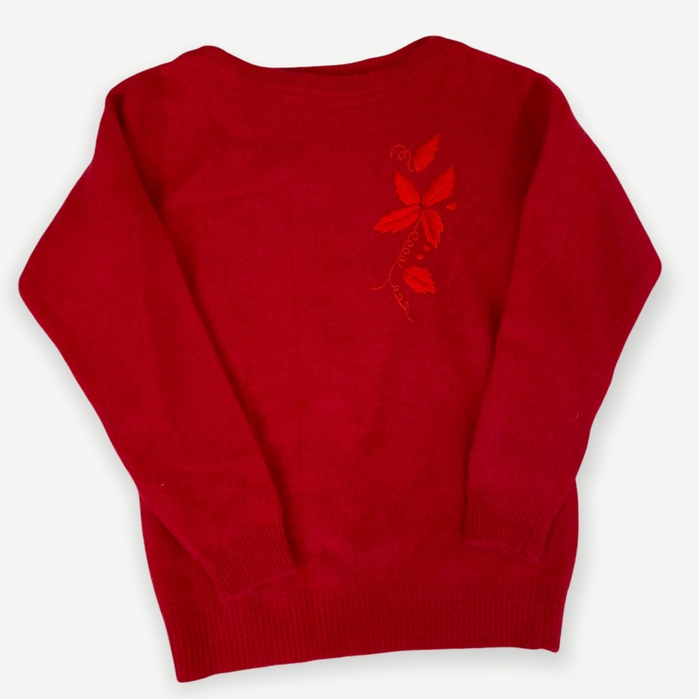 Vintage Red Fuzzy Leaf Embroidered Sweater